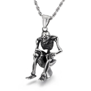 Gothic silver stainless steel necklace with skeleton on toilet thinker pose pendant