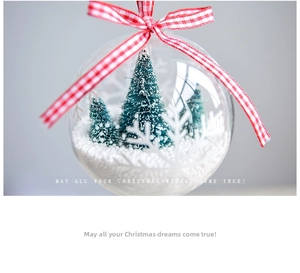 Macro shot of clear Christmas ball with mini trees, white snow, and red plaid ribbon