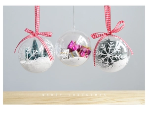 Detailed view of clear Christmas ornaments with miniature trees and gift box fillings