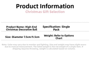 Technical specifications for clear Christmas ball ornaments in 7.5cm and 9.5cm sizes