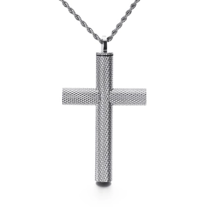 Mens silver stainless steel cross urn necklace with textured knurling and secure screw cap