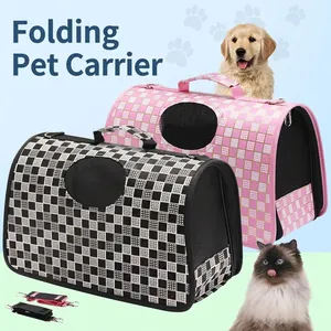 Portable foldable pet carrier in black and pink checkered pattern with breathable mesh