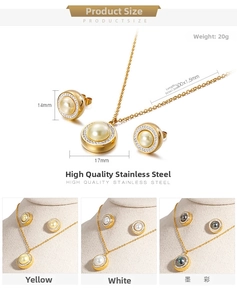Detail view of pearl jewelry set in gold finish showing necklace and stud earring specs