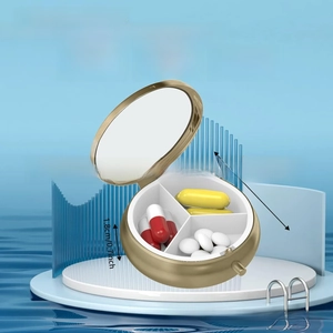 Compact gold metal pill box with 3 compartments and internal mirror, 5cm diameter size