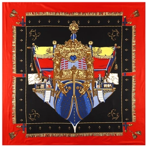 Carré de Soie Satiné Imprimé Voilier Vintage Européen Grand Châle pour Femme Motif Fleur de Lys Classique Décoratif Imprimé