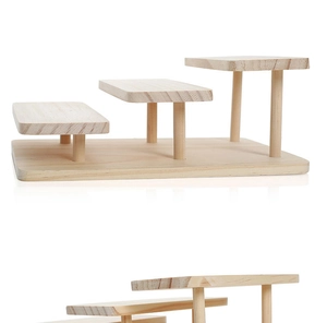 Three-tier solid wood eyewear display stand with rectangular trays for glasses