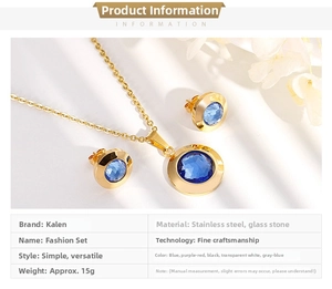 Détails de l'ensemble de bijoux en acier doré avec cristaux bleus à facettes