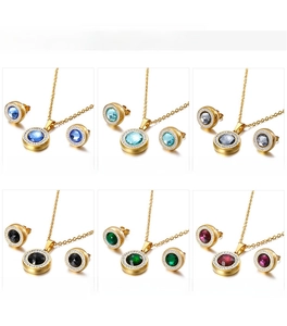 Macro detail of round faceted crystal jewelry set with sparkling micro-pave crystals