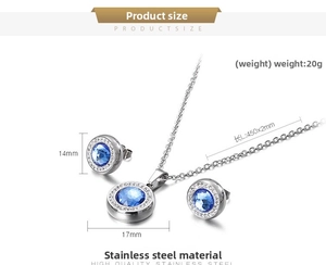 Detail showing dimensions of the light blue crystal pendant and matching stud earrings set