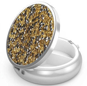 Portable round metal pill box with sparkling rhinestone lid and two compartments
