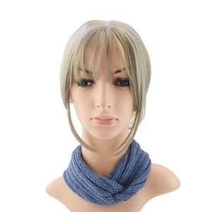 Detail of blue chunky knit twisted headband with ribbed texture on display head