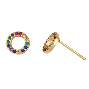 Colorful zircon halo stud earrings with gold plating and multicolor crystal stones