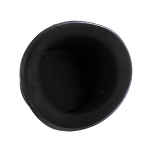 Top-down view of a classic black felt gothic steampunk top hat on a white background