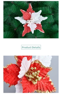 Macro view of red and white artificial poinsettia with gold glitter edges and beads