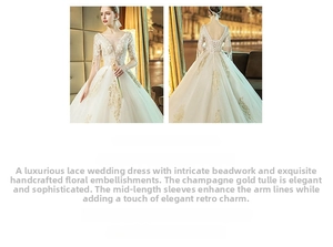 Close-up of luxury bridal gown featuring champagne gold lace, 3D floral appliques and beads