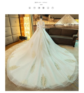 Detailed back view of luxury ivory wedding dress with gold lace embroidery and long train