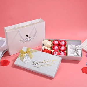 Preserved soap rose gift box with teddy bear and silver glitter packaging set