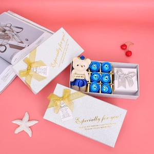 Close-up of a blue rose gift box with a plush bear and small jewelry compartment