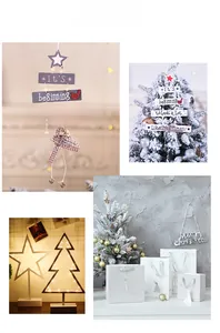 Detail of wooden Christmas signs and LED star lights for festive window scene decoration