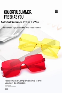 Top view of frameless one-piece square sunglasses in bright lemon yellow and vivid red