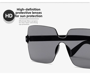 Detail view of large square oversized sunglasses with black frame and dark grey HD lenses