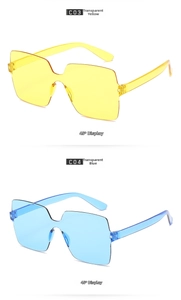 Detail view of one-piece candy colored square sunglasses in translucent yellow and blue