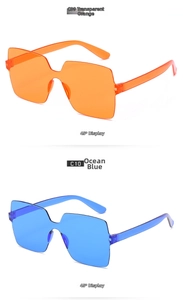 Detail of transparent orange and sea blue oversized square rimless sunglasses