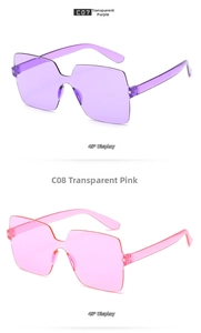 Vertical view of retro transparent sunglasses in purple and pink rimless square style