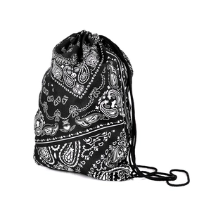 Sacca portaoggetti nera con coulisse e motivo paisley bianco in tela di cotone
