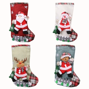 Set of four linen Christmas stockings with Santa, Snowman, Reindeer, and Bear 3D figures