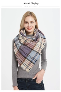 Classic plaid triangle shawl scarf with purple and blue checks and tassel edges