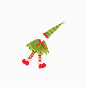 Christmas elf wine bottle cover set with green and red striped hats and plush skirts
