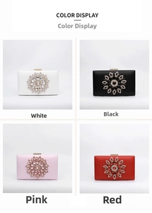 Detailed color display of evening clutch bags with rhinestone sunflower design