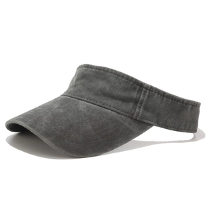 Detail view of washed cotton fabric and reinforced stitching on a dark grey sun visor hat