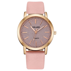 Minimalist women's quartz watch with pink leather strap and rose gold glitter dial