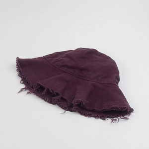 Unisex purple washed cotton bucket hat with raw fringe edges and wide brim