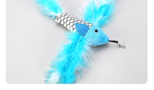 Flying fish cat wand attachment with blue knit texture and vibrant long feathers