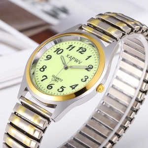 Luminous quartz watch with two-tone expansion band and light green dial for elders