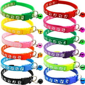 Adjustable nylon pet collars with bell and paw print pattern in 12 vibrant colors