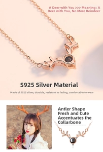 Detail of rose gold S925 silver deer antler necklace featuring micro projection gemstone