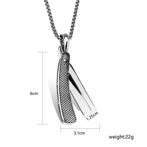 Men's silver stainless steel folding razor pendant necklace with 6cm x 3.1cm measurements