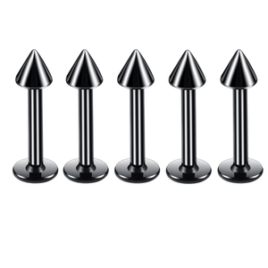 Set of five black stainless steel lip studs with sharp cone spikes on white background