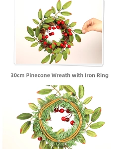 Détails avant et arrière d'une couronne de Noël de 30cm avec pommes de pin et baies