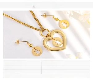 Detailed view of golden stainless steel heart and girl silhouette necklace and earrings