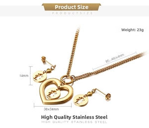 Detailed size and weight specs for gold heart pendant necklace and earrings set