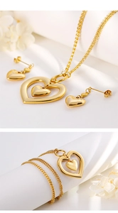 Macro view of gold heart jewelry set featuring high-shine necklace and matching stud earrings