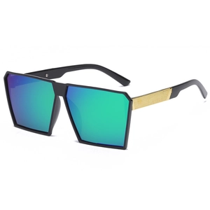 Oversized black square sunglasses with blue mirrored lenses and gold textured temples