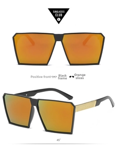 Detailed front and side view of large square black sunglasses with orange mirror lenses