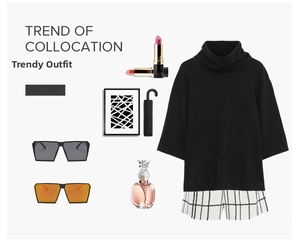 Flat lay of black turtleneck top with checkered shorts and stylish oversized sunglasses