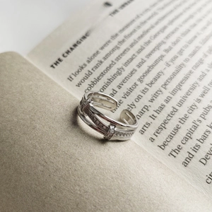 Minimalist double-row S925 sterling silver open ring with sparkling cubic zirconia pavé
